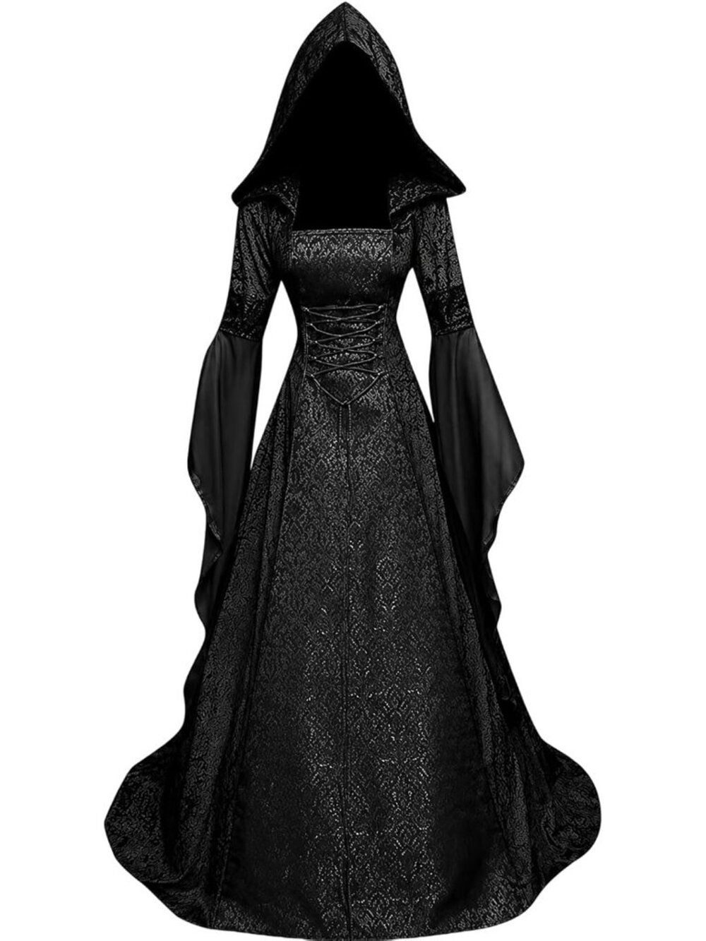 Women's Black Medieval Witch Dress Gothic Hooded Victorian Halloween Costume